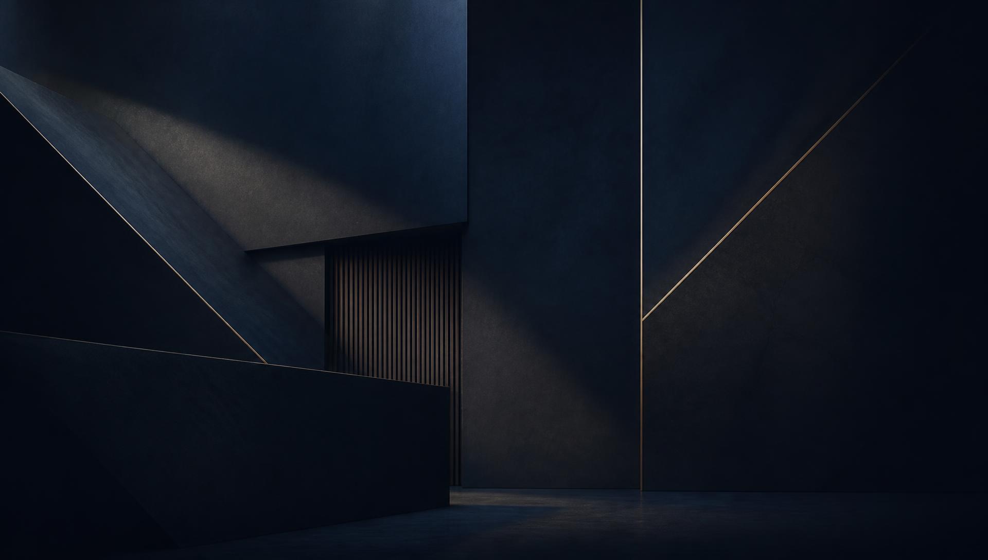 Ambiente corporativo minimalista em azul-marinho com detalhes dourados